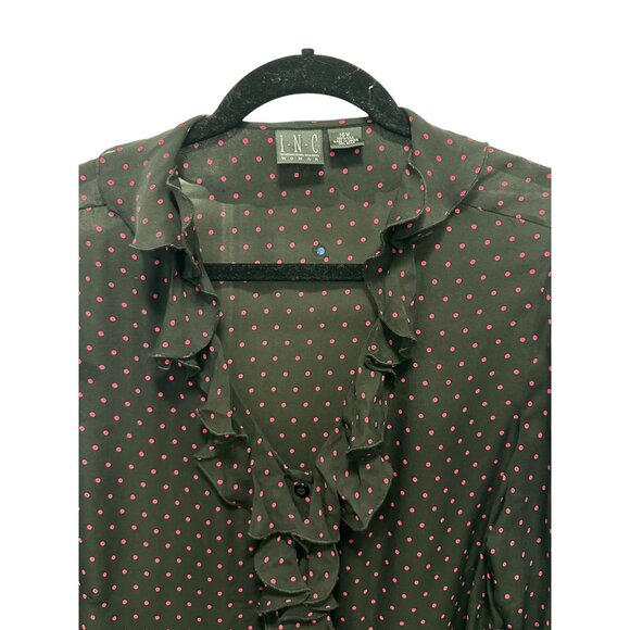 π 2/$30 π Black with Small Red Polka Dot Long Sleeve Sheer Silk Blouse sz 16 - Picture 3 of 7